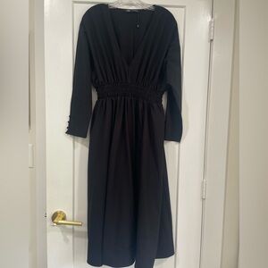Zara Midi Black Long Sleeve V-Neck Smocked Waist Dress